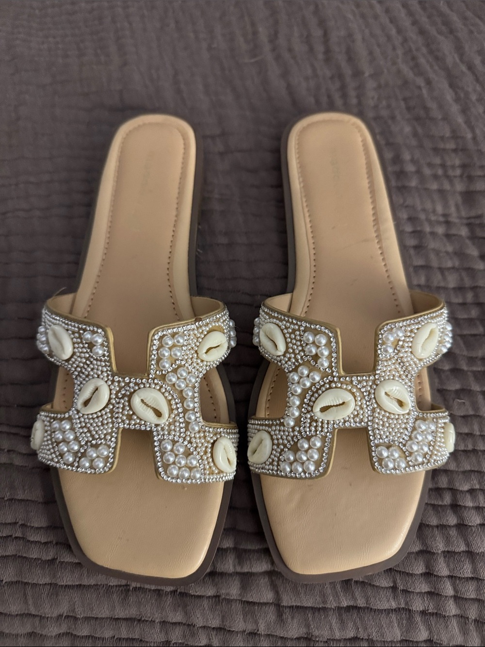 Madden Girl Cream Beaded Shell Slide Sandals